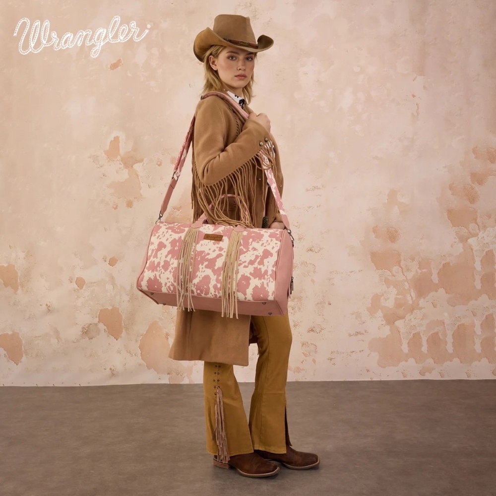 Wrangler Cow Print Fringe Duffle/Crossbody- Dark Pink - Picture 2 of 6